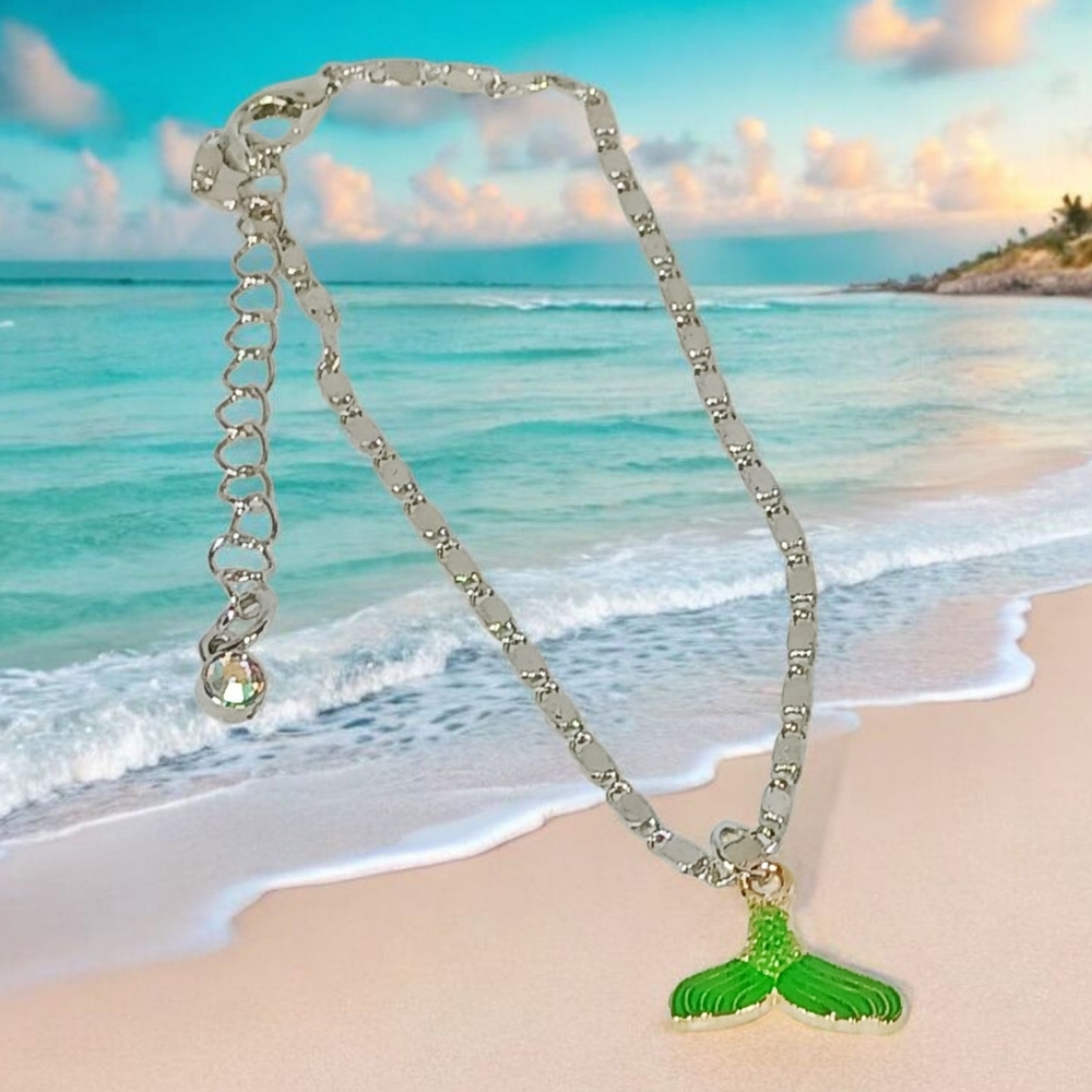 White Gold Ankle Bracelet with Green Mermaid Tail Charm Oceancore Seaside Beachy